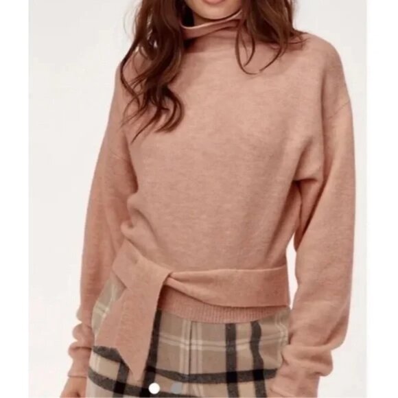 Aritzia Wilfred Lorin Italian Wool Sweater Tie Waist Funnel Neck Nude Pink XS - Picture 1 of 9